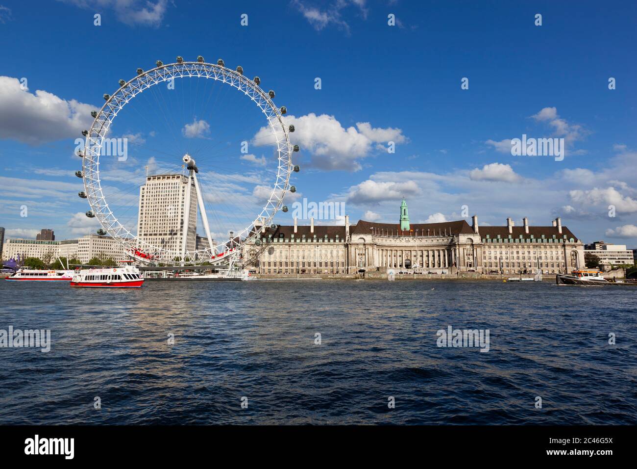 The London Eye and County Hall on South Bank of River Thames, London ...