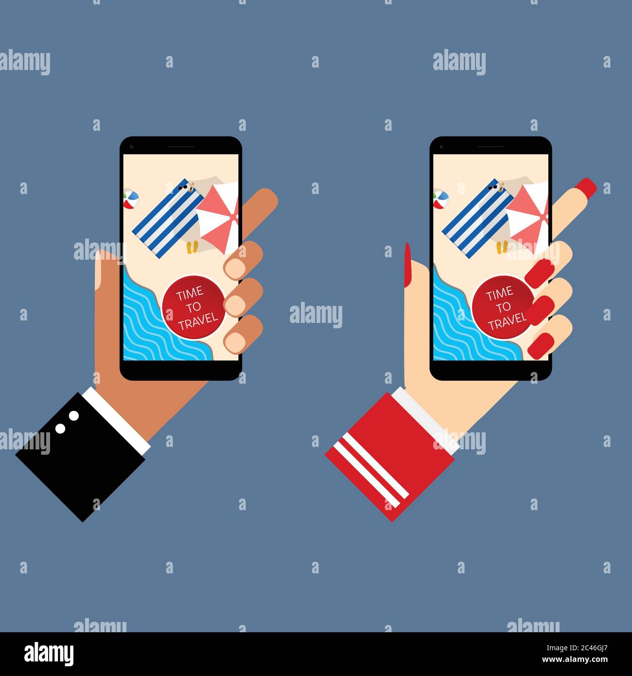 hand holds smartphone with beach background illustration Stock Vector