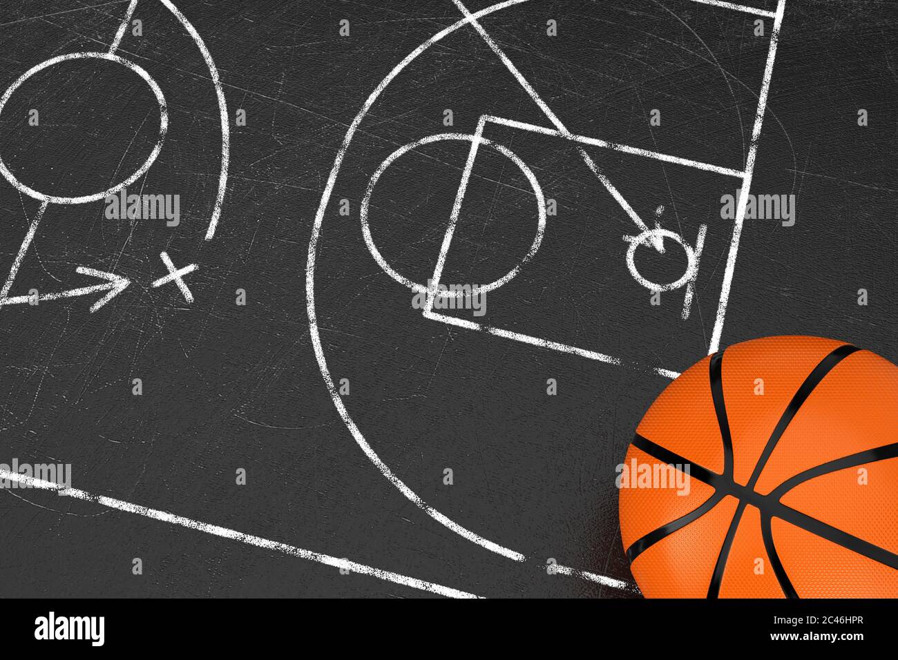 Basketball Tactics Concept. Basketball Ball over Black Chalkboard with  Basketball Court and Game Strategy and Tactics Scheme extreme closeup. 3d  Rende Stock Photo - Alamy