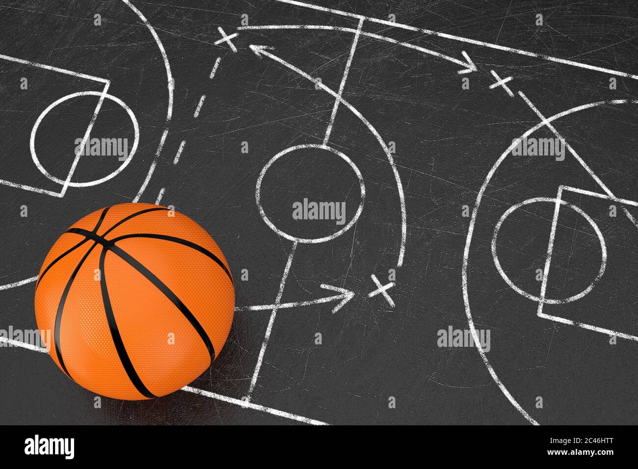 Basketball Tactics Concept. Basketball Ball over Black Chalkboard with  Basketball Court and Game Strategy and Tactics Scheme extreme closeup. 3d  Rende Stock Photo - Alamy