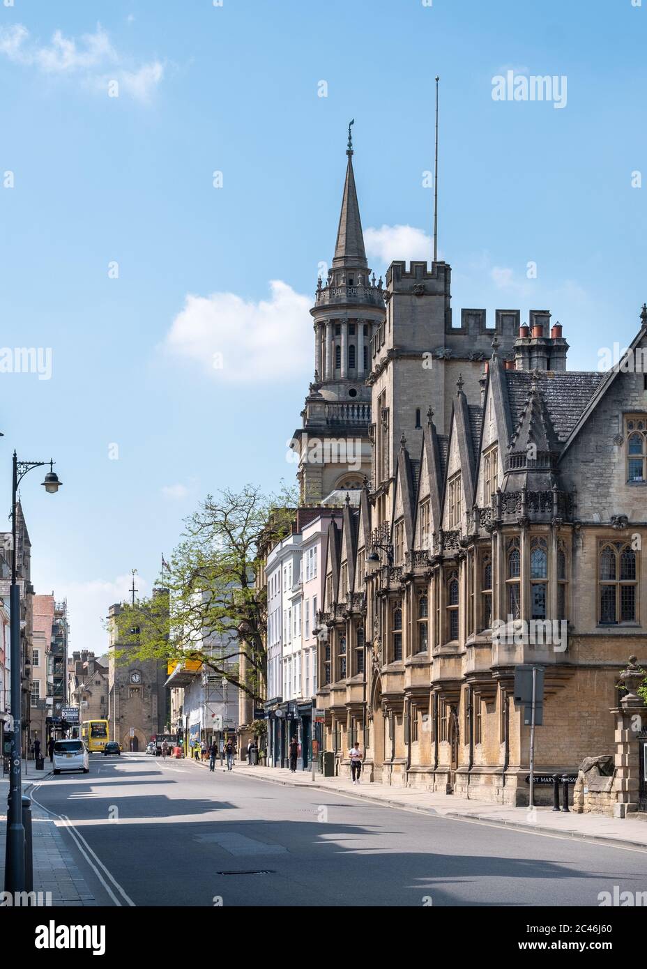 Oxford High Street showing Brasenose College, the spire of All Saints Church and Carfax Tower in the distance Stock Photo