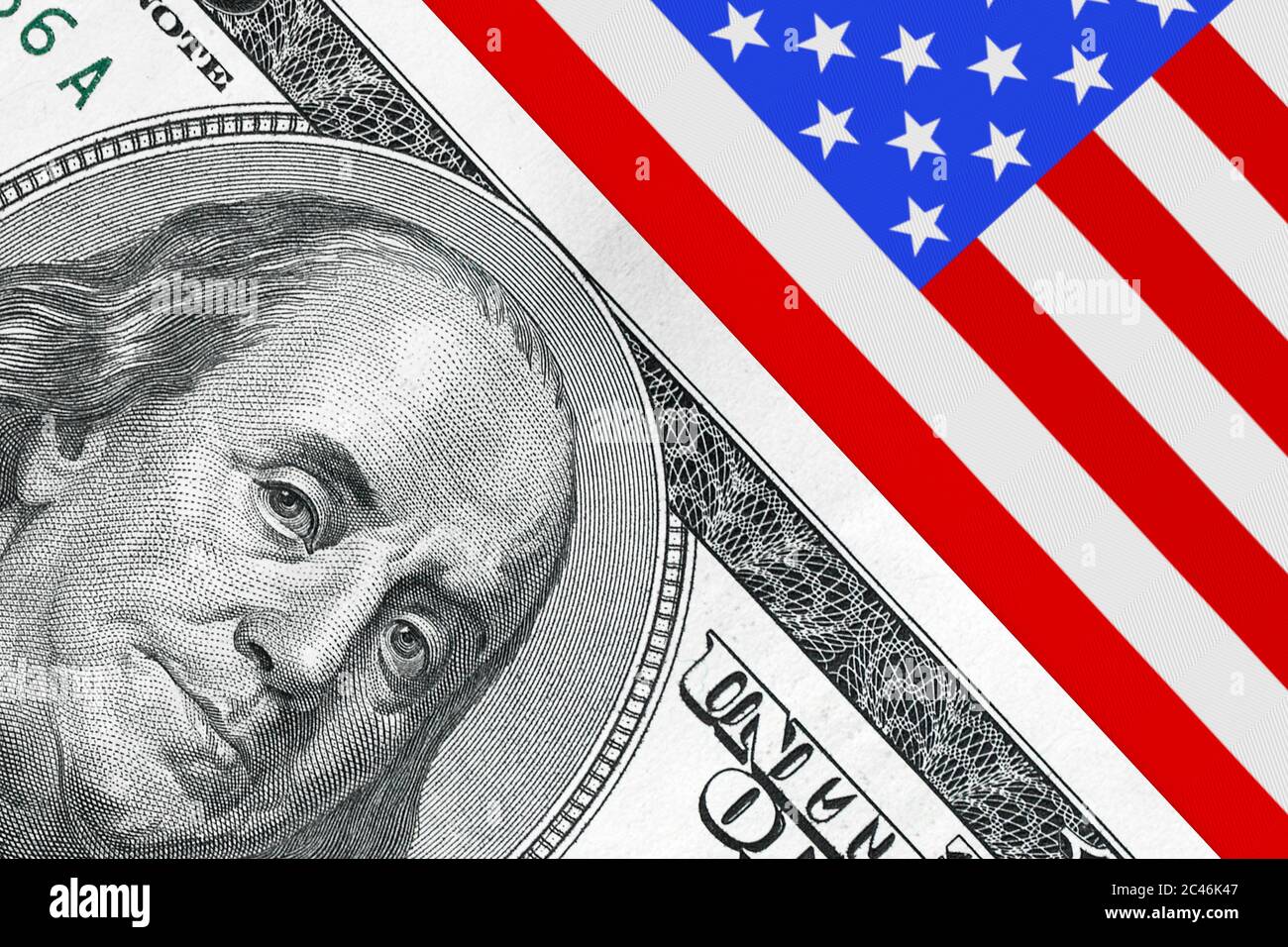 American Financial Concept. USA Flag with One Hundred Dollar Bill extreme closeup. 3d Rendering Stock Photo