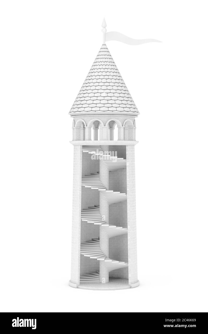 White Fantastic Castle Tower Inside Ladder on a white background. 3d Rendering Stock Photo