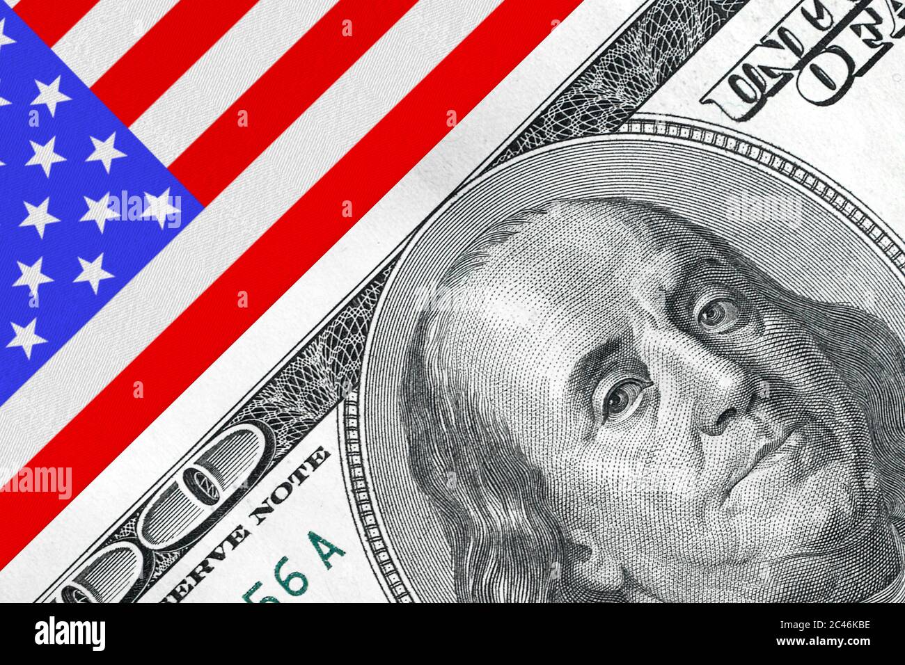 American Financial Concept. USA Flag with One Hundred Dollar Bill extreme closeup. 3d Rendering Stock Photo