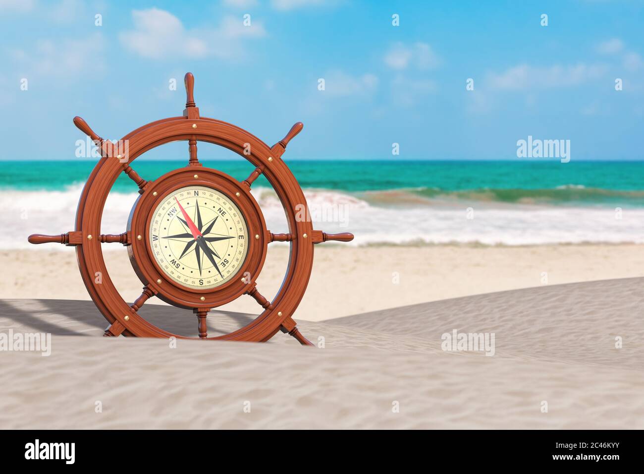 Vintage Wooden Ship Steering Wheel with Rare Compass on an Ocean ...