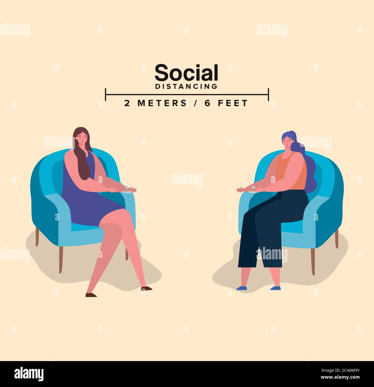 Social distancing between women on chairs design of Covid 19 virus ...