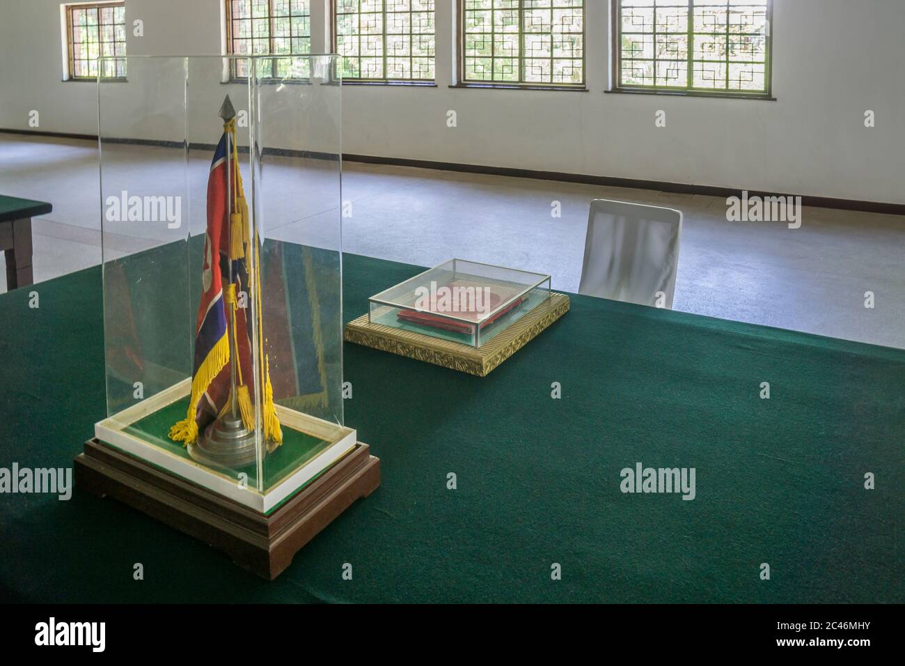 The North Korea Peace Museum, the armistice agreement with the UN flag in a display case, Panmunjom, North Korea Stock Photo