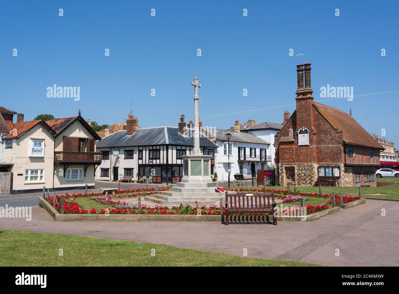 View of the War Memorial, The Moot Hall and Mill Inn pub in Aldeburgh, Suffolk. UK Stock Photo