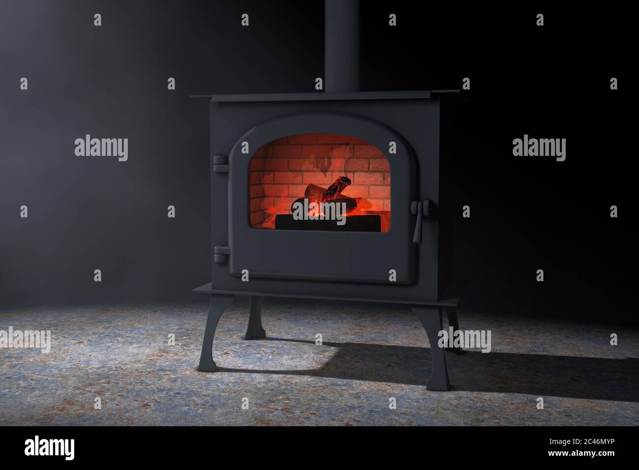 Classic Оpen Home Fireplace Stove with Chimney Pipe and Firewood Burning  with Red Hot Flame in the Volumetric Light on a black background. 3d  Renderin Stock Photo - Alamy