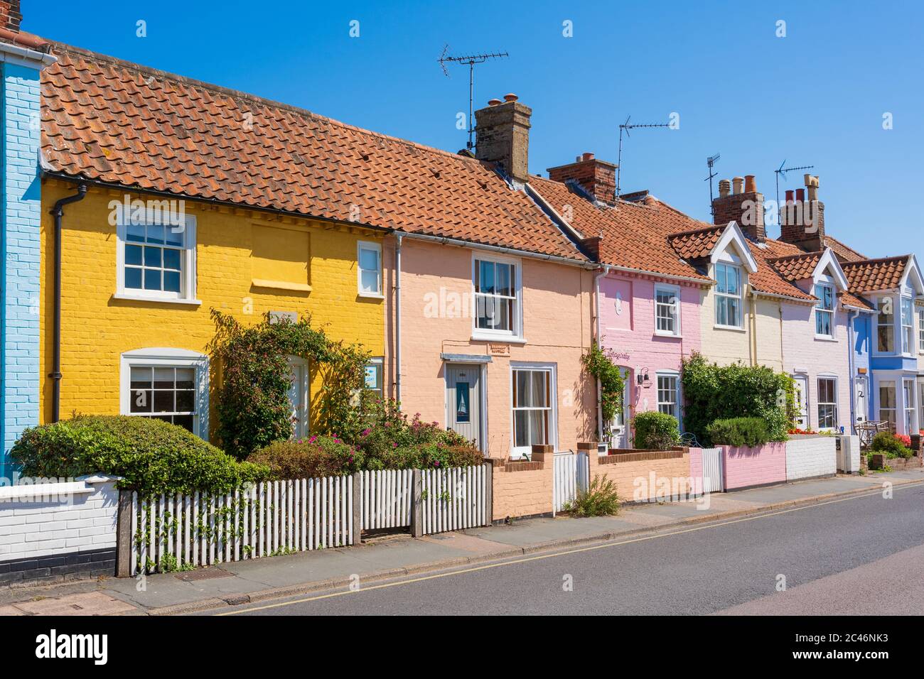 Row of colourful houses in Aldeburgh High St, Aldeburgh, Suffolk. UK Stock Photo