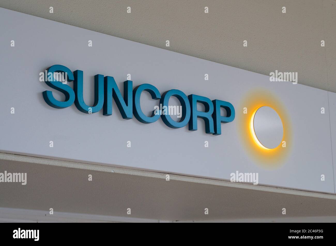 Ballina, New South Wales, Australia - 12th February 2020 : Suncorp Bank logo hanging in front of the headquarter in Brisbane. Suncorp is an Australian Stock Photo