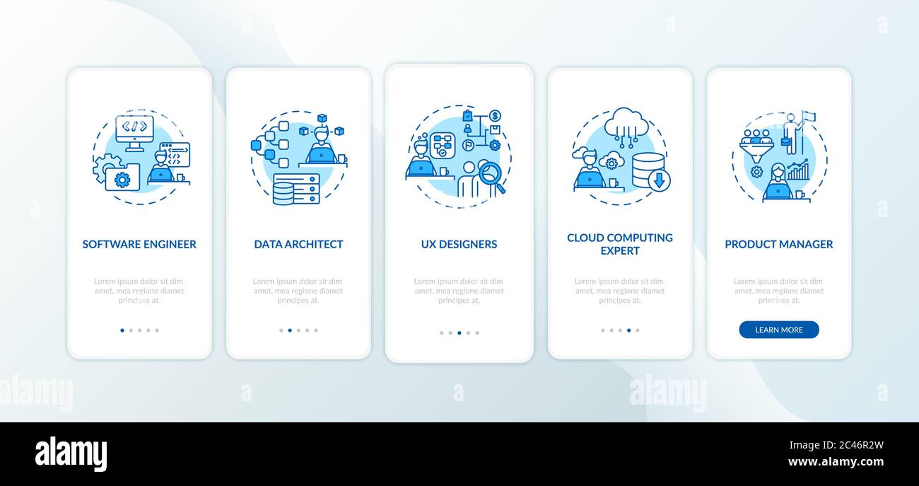 IT professional onboarding mobile app page screen with concepts Stock Vector