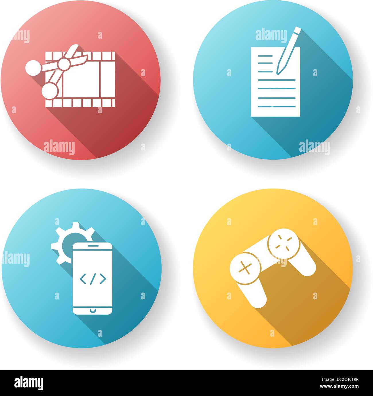 Work with technology flat design long shadow glyph icons set Stock Vector