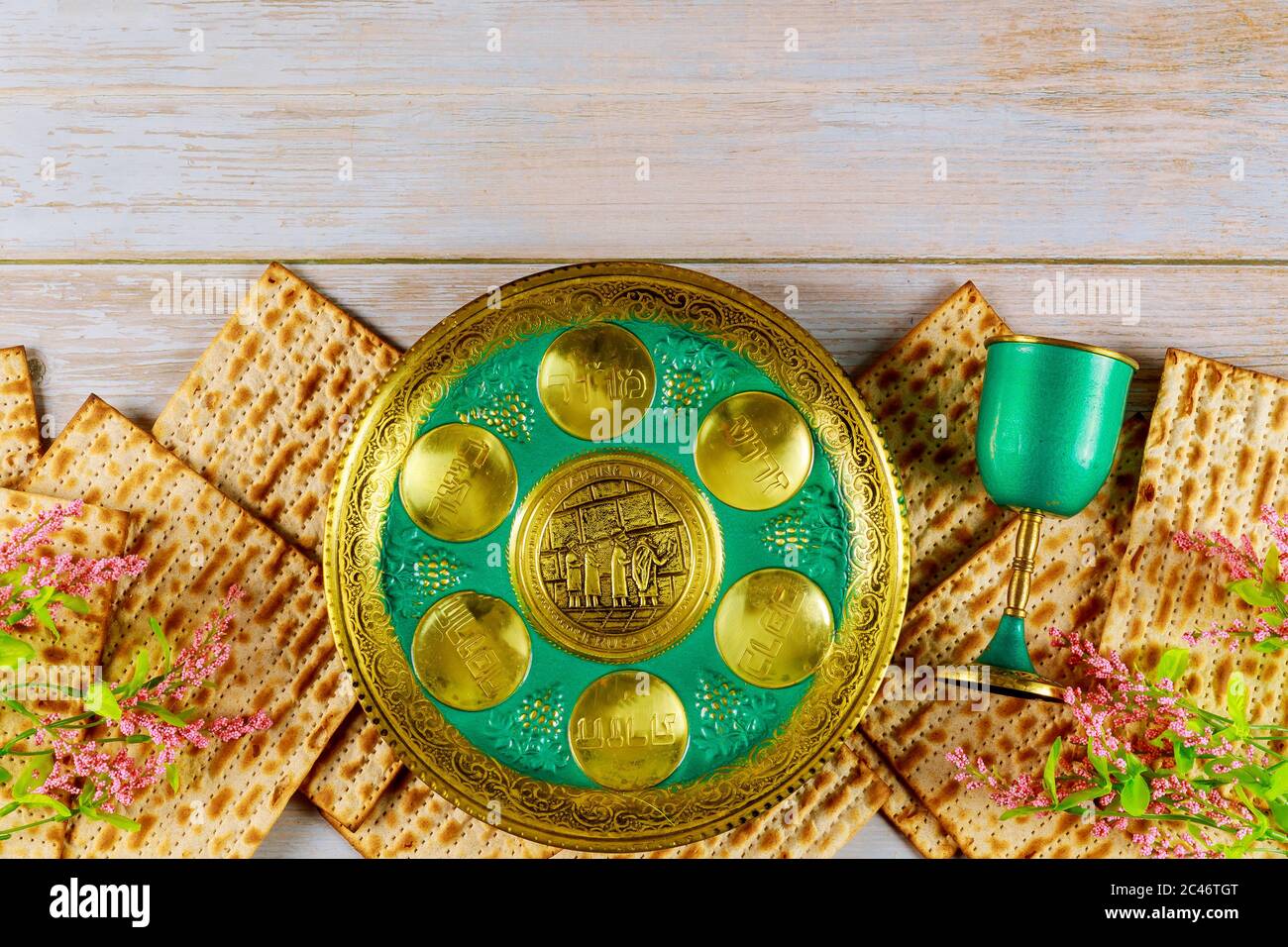 Jewish matzah, kiddush and seder with text egg, bone, horseradish