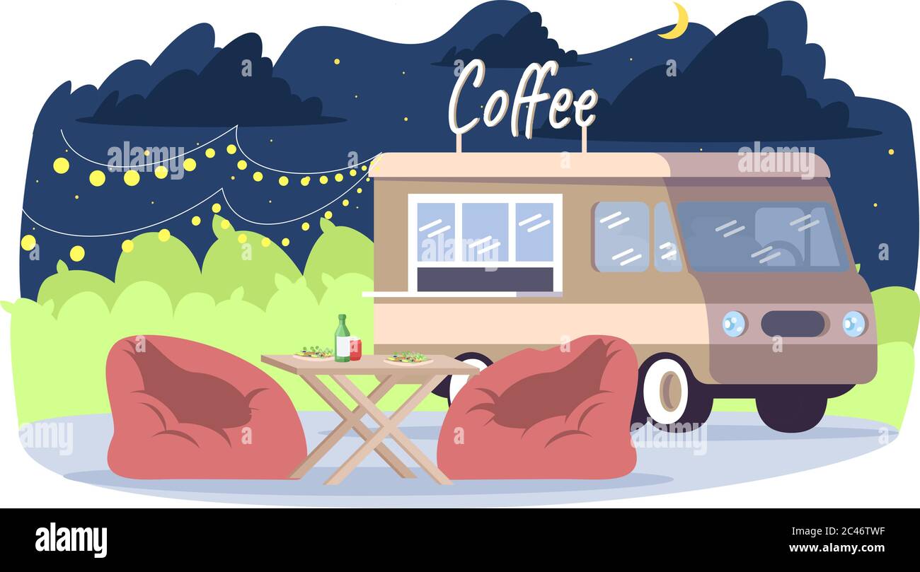 Coffee truck semi flat vector illustration Stock Vector