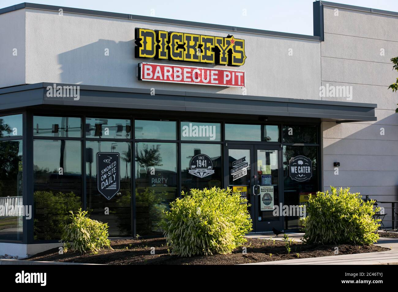 A logo sign outside of a Dickey’s Barbecue Pit restaurant location in Hanover, Pennsylvania on June 12, 2020. Stock Photo