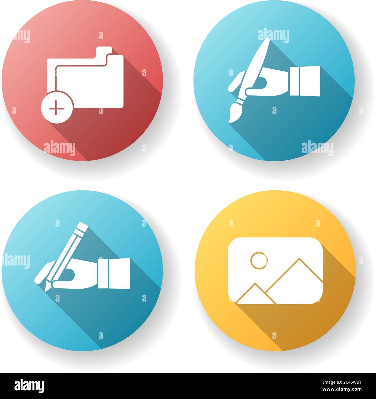 Artist work elements flat design long shadow glyph icons set Stock Vector