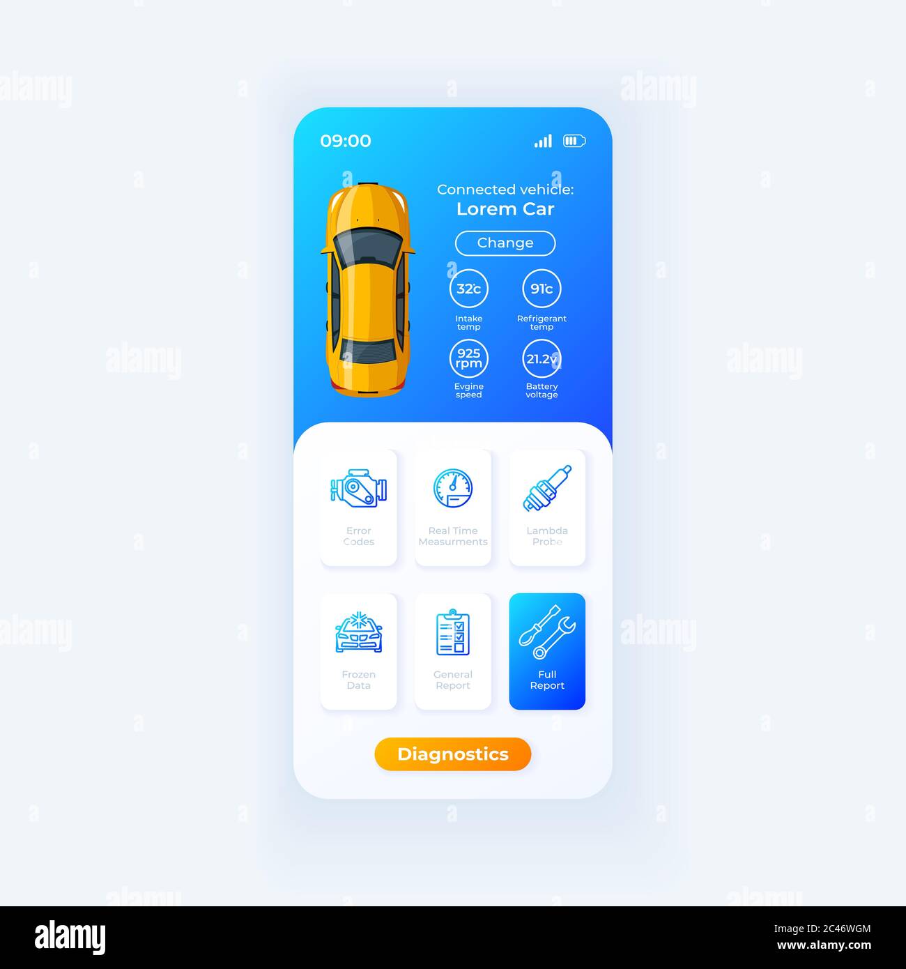 Smart car diagnostics app smartphone interface vector template Stock
