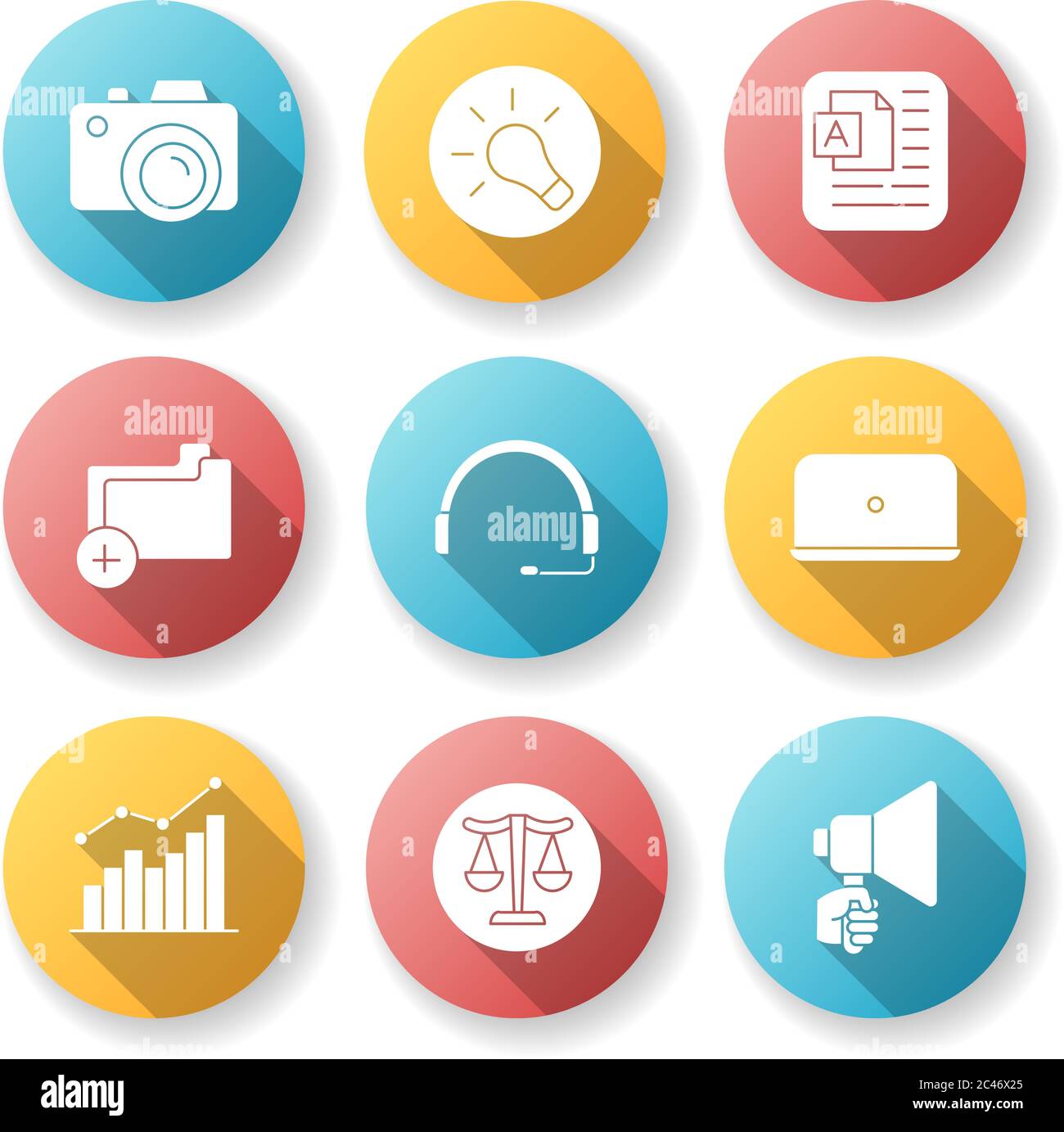 Remote work elements flat design long shadow glyph icons set Stock Vector
