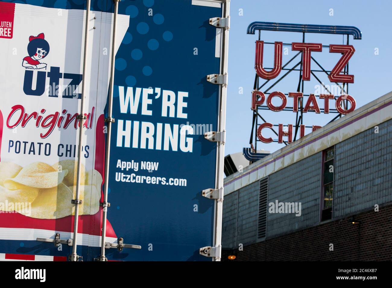 A logo sign outside of a facility occupied by Utz Quality Foods in Hanover, Pennsylvania on June 12, 2020. Stock Photo