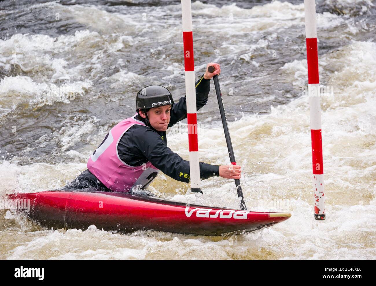 Premier Canoe Slalom: Kate Kent of  Proteus Canoe Club competes in the C1 on the River Tay, Grandtully, Perthshire, Scotland, UK Stock Photo