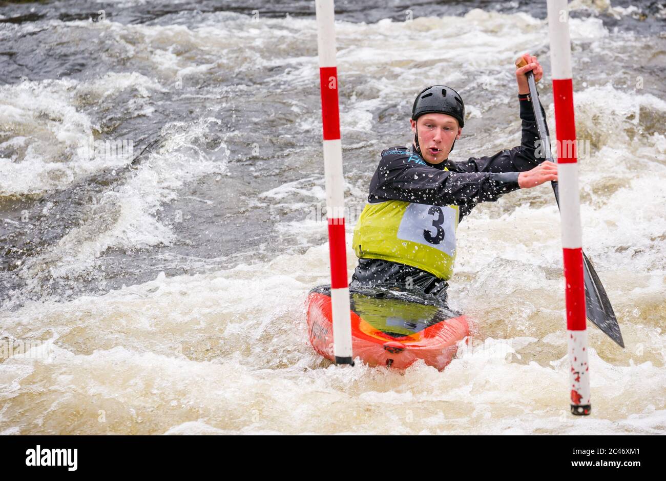 Premier Canoe Slalom: William Coney of Llandysul Paddlers competes in the C1 on the River Tay, Grandtully, Perthshire, Scotland, UK Stock Photo