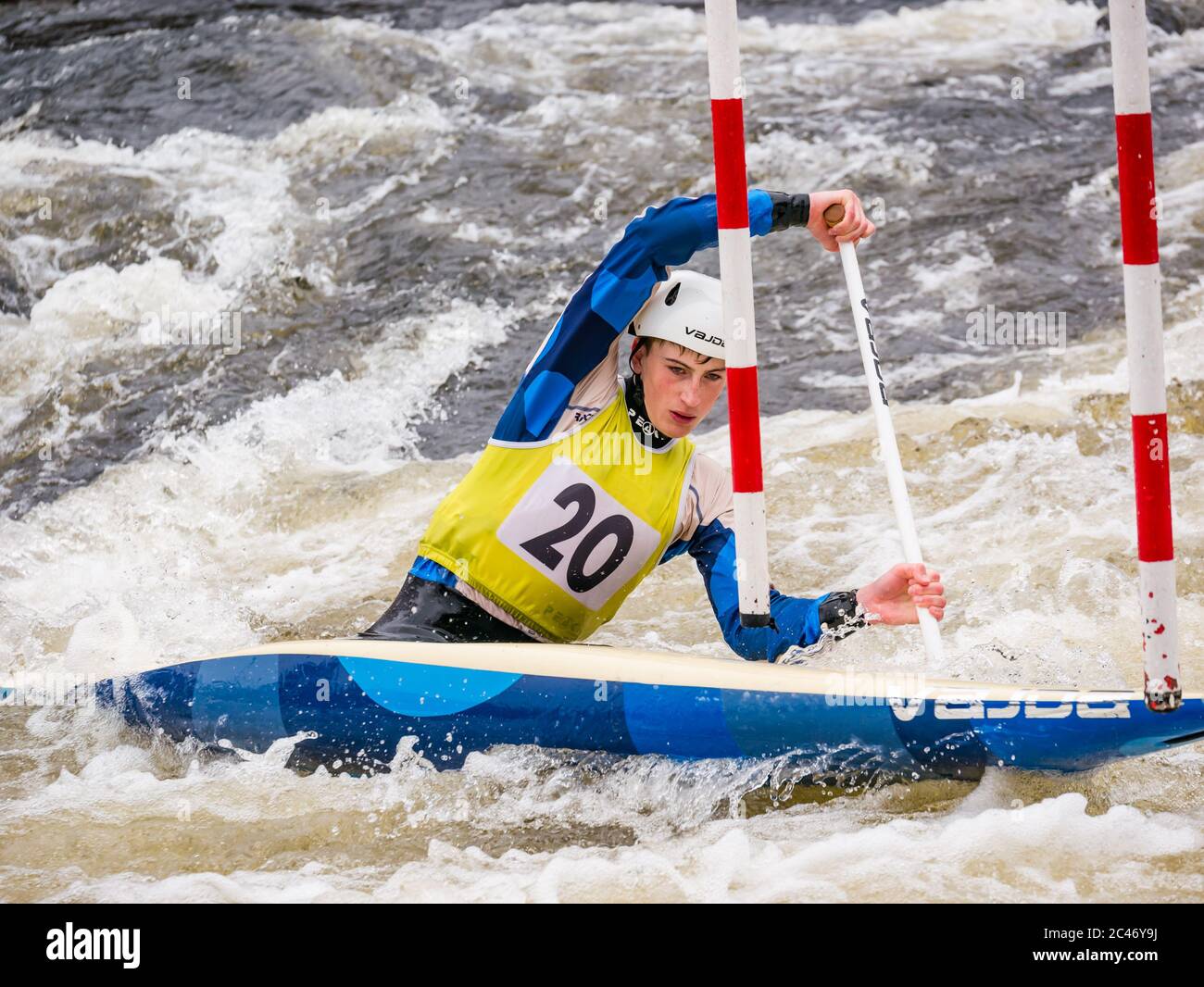 Premier Canoe Slalom: Alfie Boote of  Stafford & Stone Canoe Club competes in the C1 on the River Tay, Grandtully, Perthshire, Scotland, UK Stock Photo