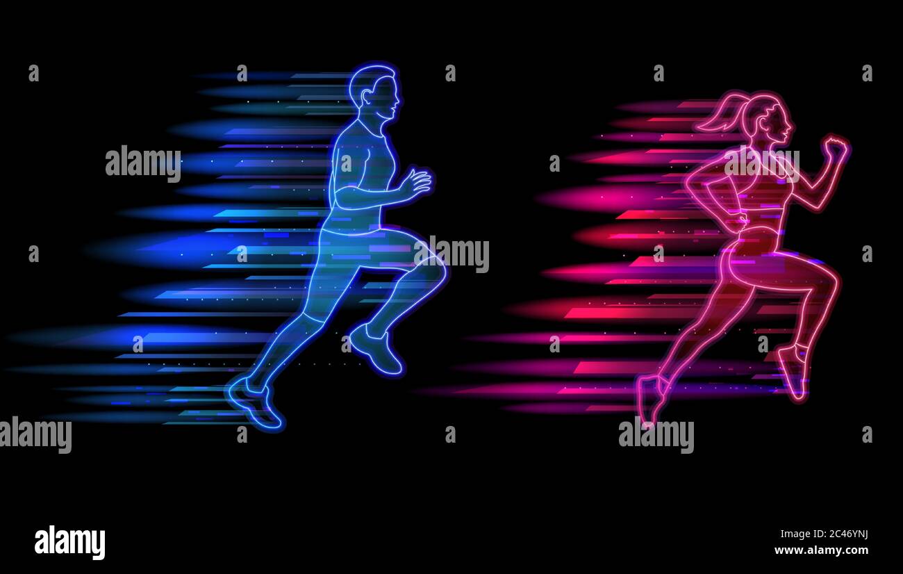 Man and woman running neon light style, jogging people set. Healthy lifestyle and sports concept vector illustration Stock Vector