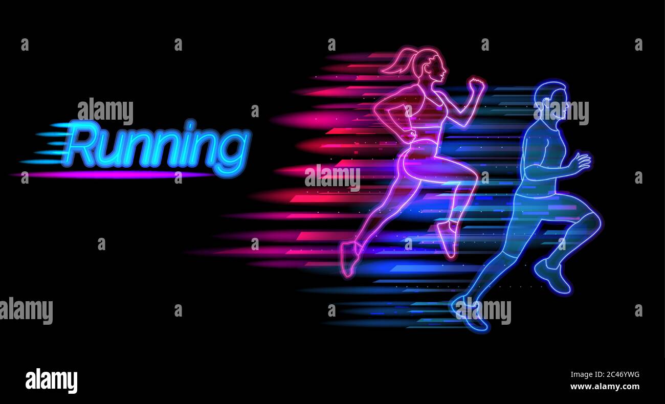 Running neon light landing page template. Man and woman jogging website layout. Healthy lifestyle and sports vector illustration Stock Vector