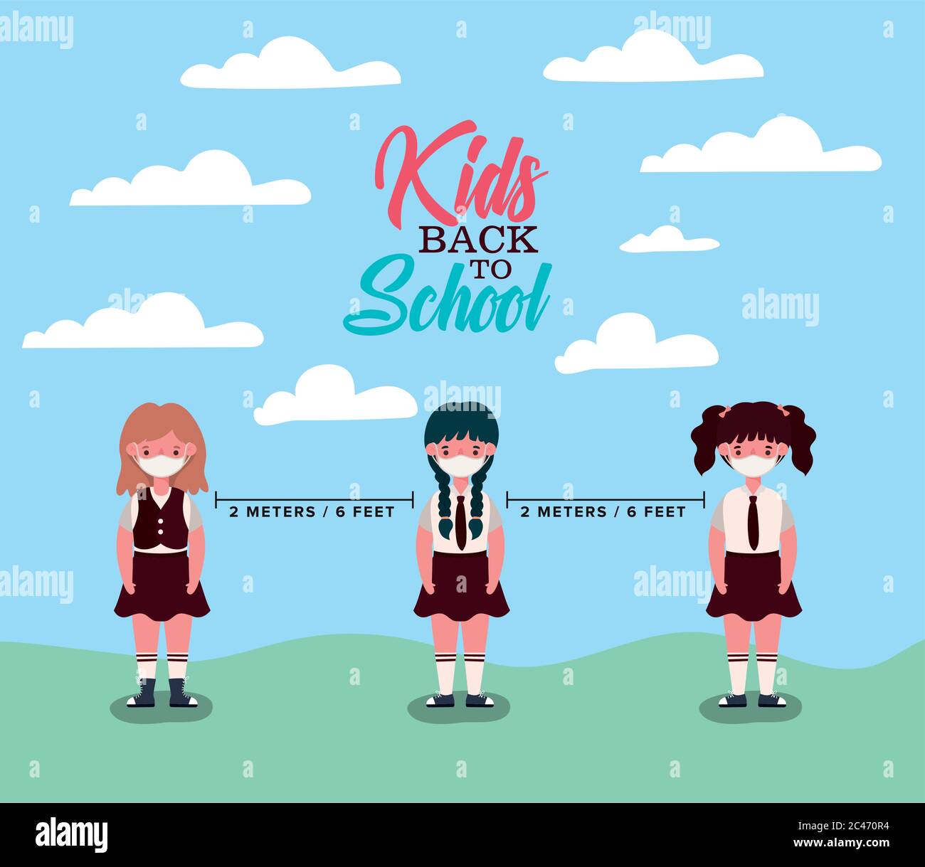 Girls kids with medical masks design, Back to school and social distancing theme Vector illustration Stock Vector