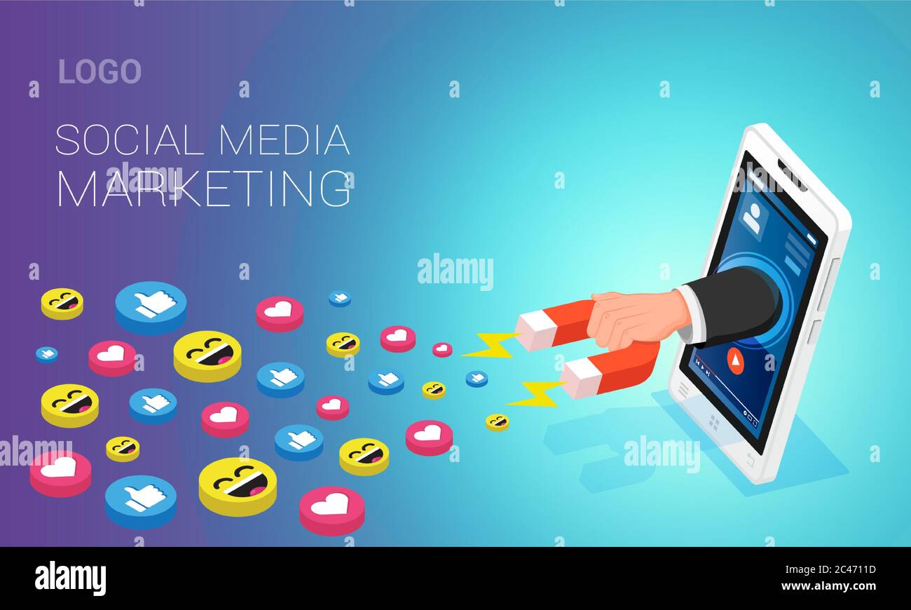 Social media marketing landing page layout. Human hand attracting likes  from youtube video on mobile phone screen with help of magnet, isometric  Stock Vector Image & Art - Alamy