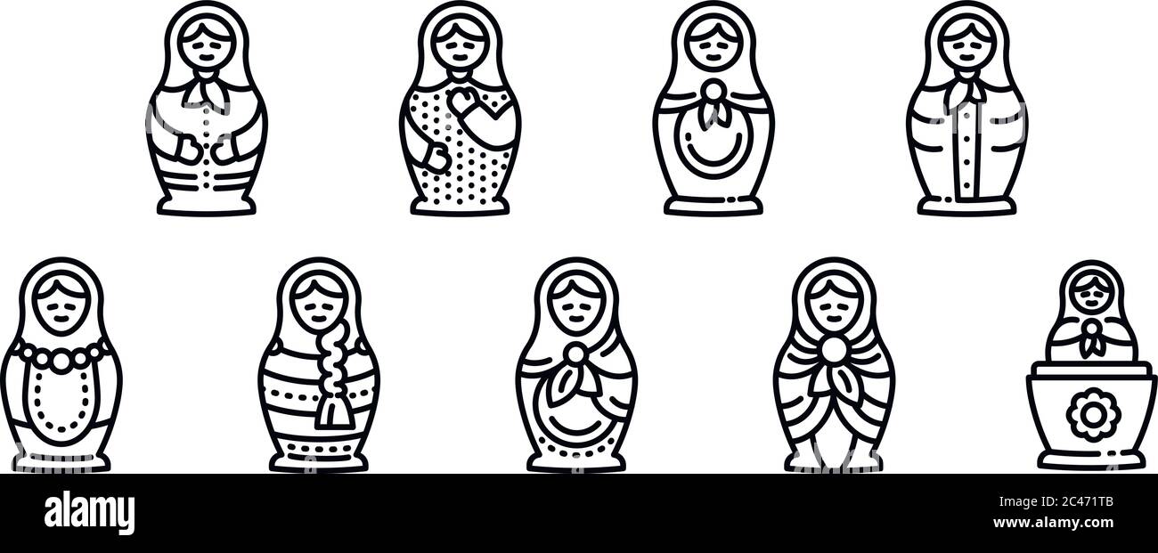Nesting doll icons set. Outline set of nesting doll vector icons for ...