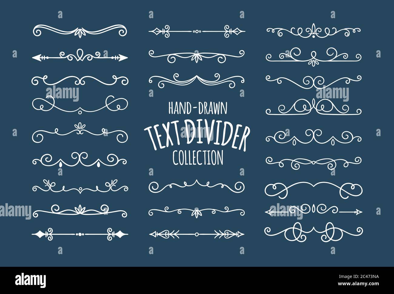 Decorative swirls dividers. Single line white calligraphic swirl ornaments  on dark background. Vector illustration Stock Vector Image \u0026 Art - Alamy, image size:1300x972