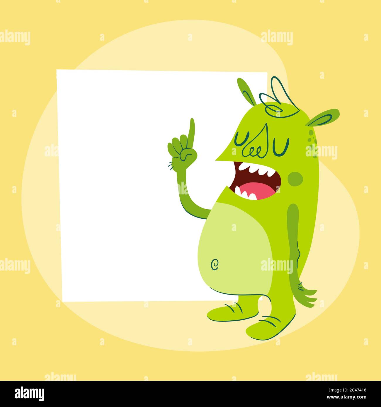 Funny monster with a blank card behind. Retro cartoon style character in green color, is giving a lesson or teaching. Vector illustration, perfect for Stock Vector