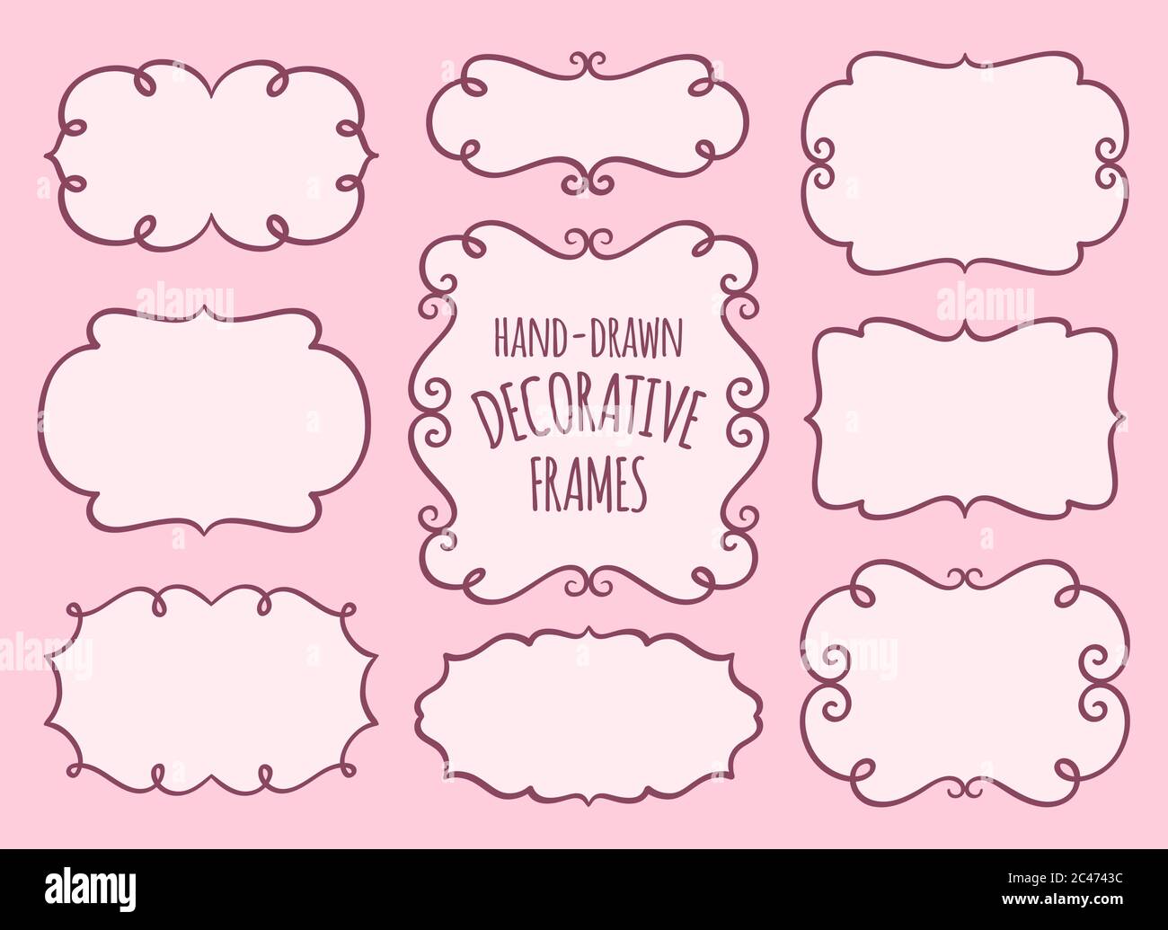 Hand drawn frames and calligraphic elements with pink background. Decorative elements collection. Vector illustration. Stock Vector