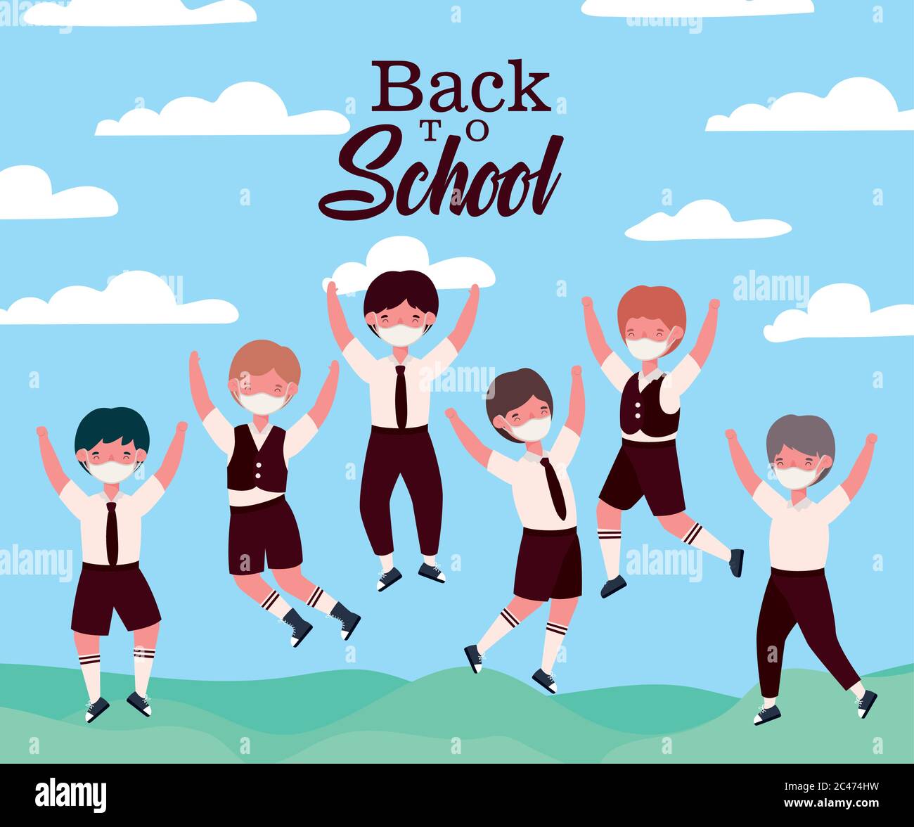 Boys kids jumping with medical masks design, Back to school and social ...