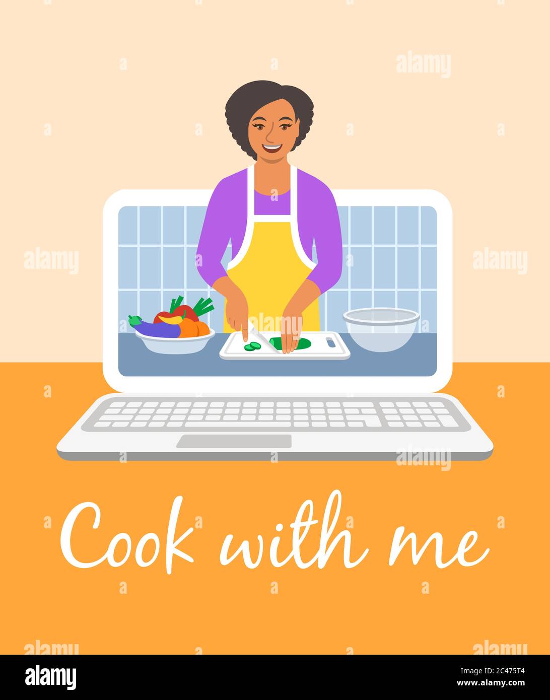 Online culinary class. Young black woman in apron cuts fresh vegetables for salad. Preview on laptop screen. Cooking video tutorial on Internet. Flat Stock Vector
