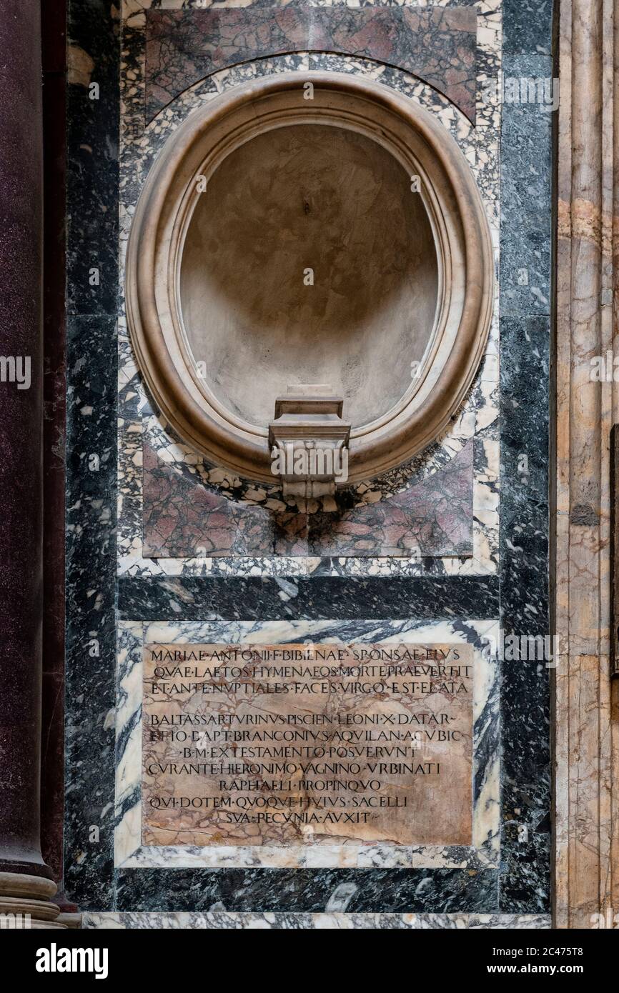 Pantheon of Rome: tombstone of Maria Bibbiena, engaged to Raffaello Sanzio Stock Photo