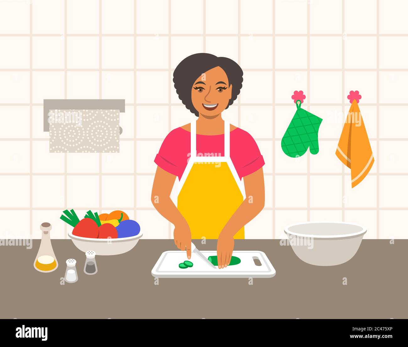 Young modern black woman cuts fresh vegetables for salad or ragout in the kitchen. Flat vector cartoon illustration. Mom cooks dinner for family. Cook Stock Vector