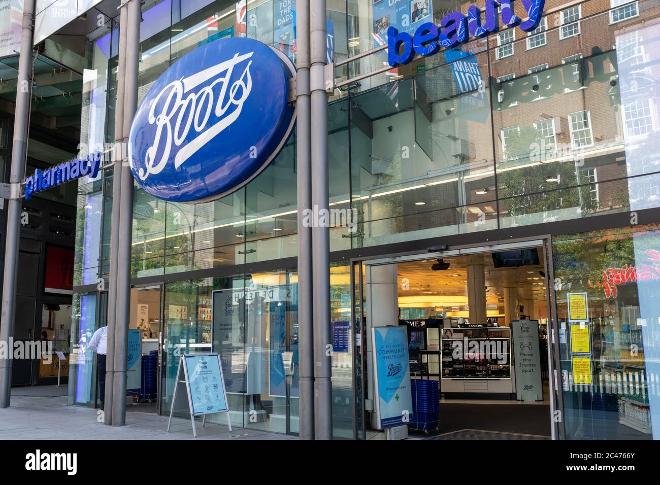 The shop sign and logo of the British chemist and beauty products retailer Boots. Stock Photo