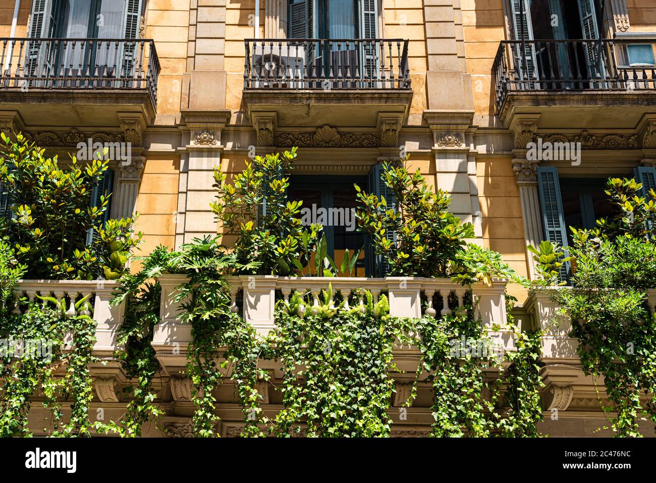 Facade Building Architecture With Lots Of Overgrown Green Vegetation In City Of Barcelona, Spain Stock Photo