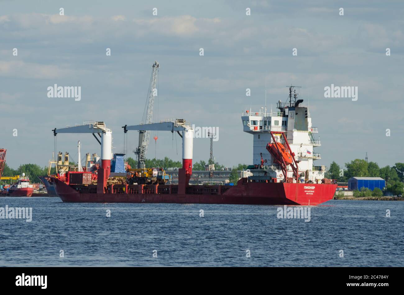 Cargo ship 'Pioneer' at the port roads. Russia, Arkhangelsk Stock Photo