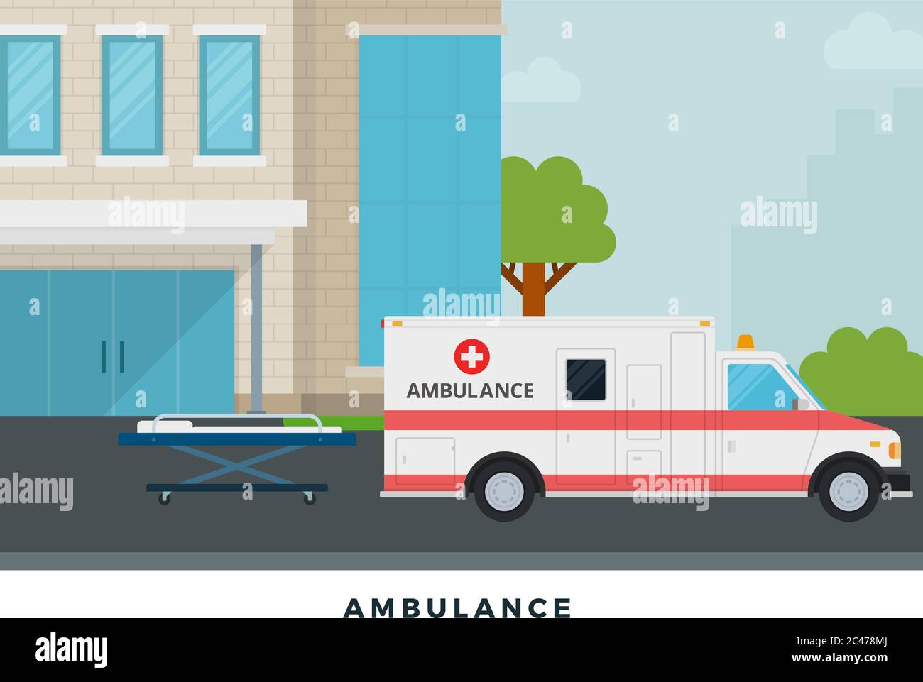 Ambulance in the courtyard vector flat illustration. Stock Vector