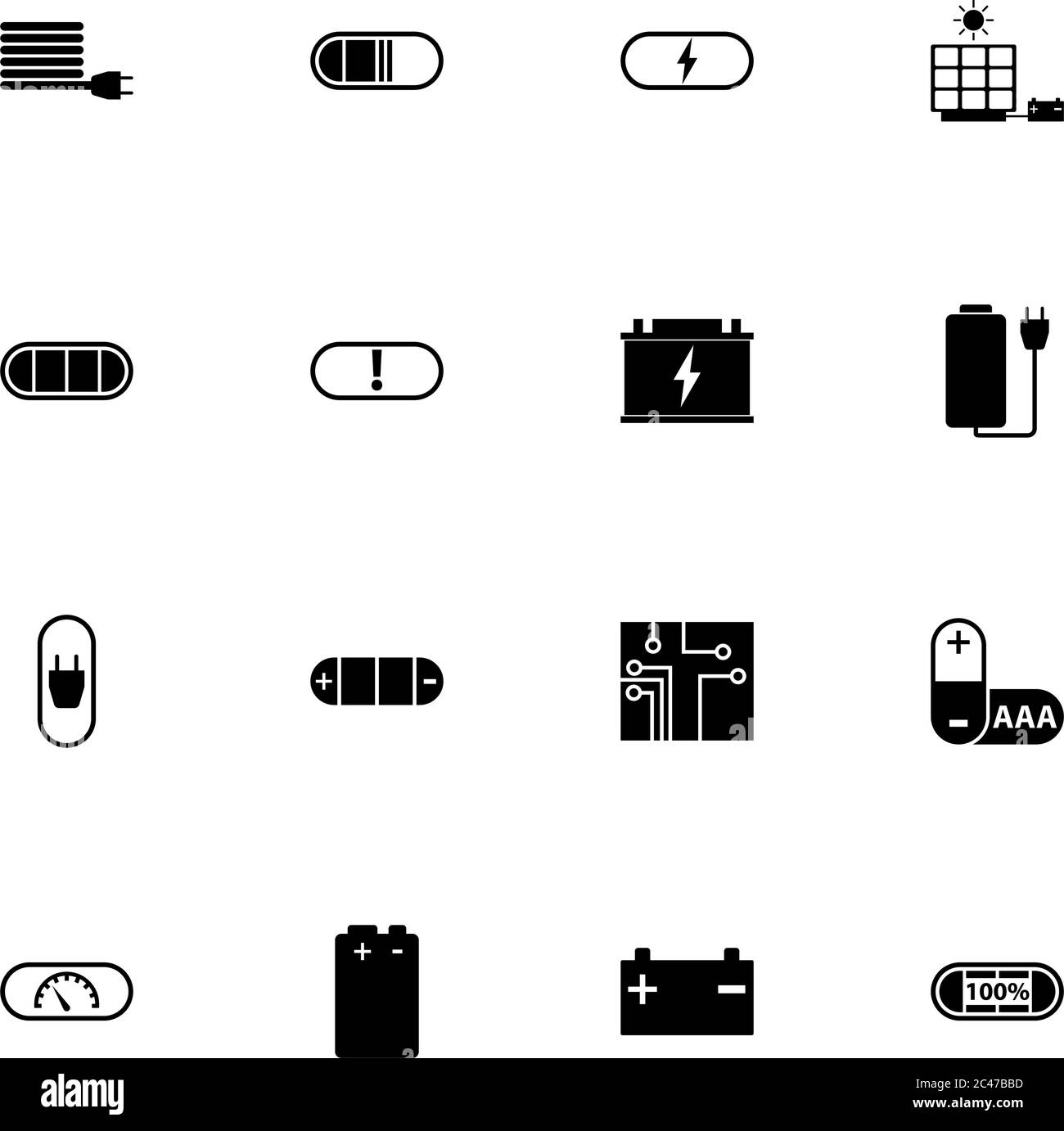 Battery icon - Expand to any size - Change to any colour. Perfect Flat Vector Contains such Icons as car accumulator, charging, microchip, electric pl Stock Vector