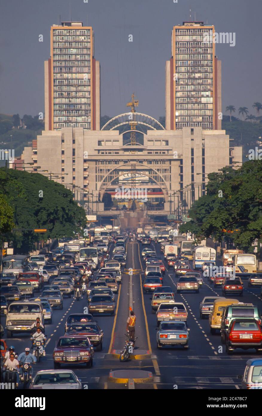 CARACAS, VENEZUELA - Traffic on Avenida Bolivar and twin towers of El Silencio at rear. Stock Photo
