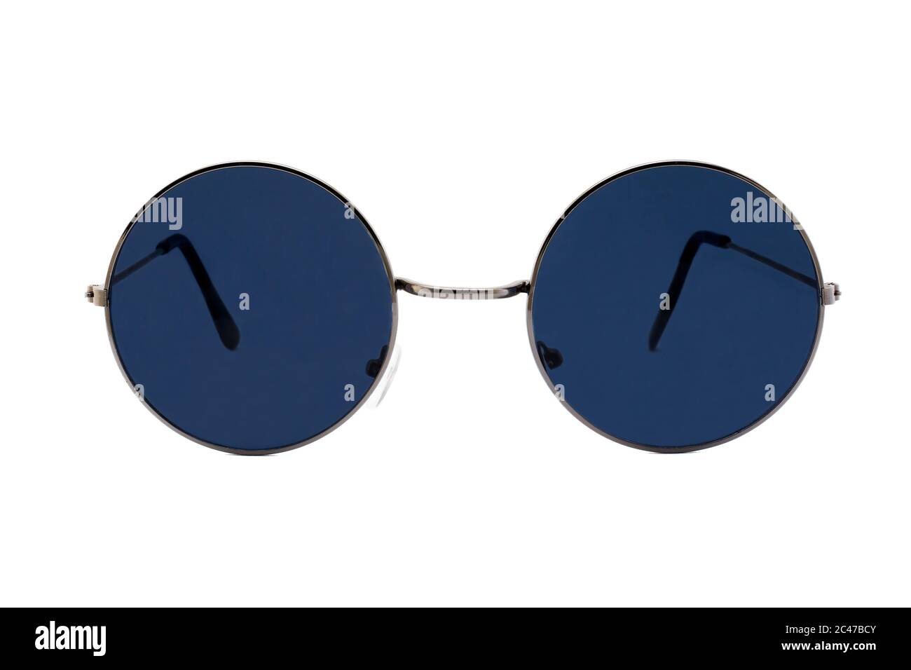 Street style oval sunglasses with thin black metal frame, clear dark blue lens, isolated on white background, front view. Stock Photo