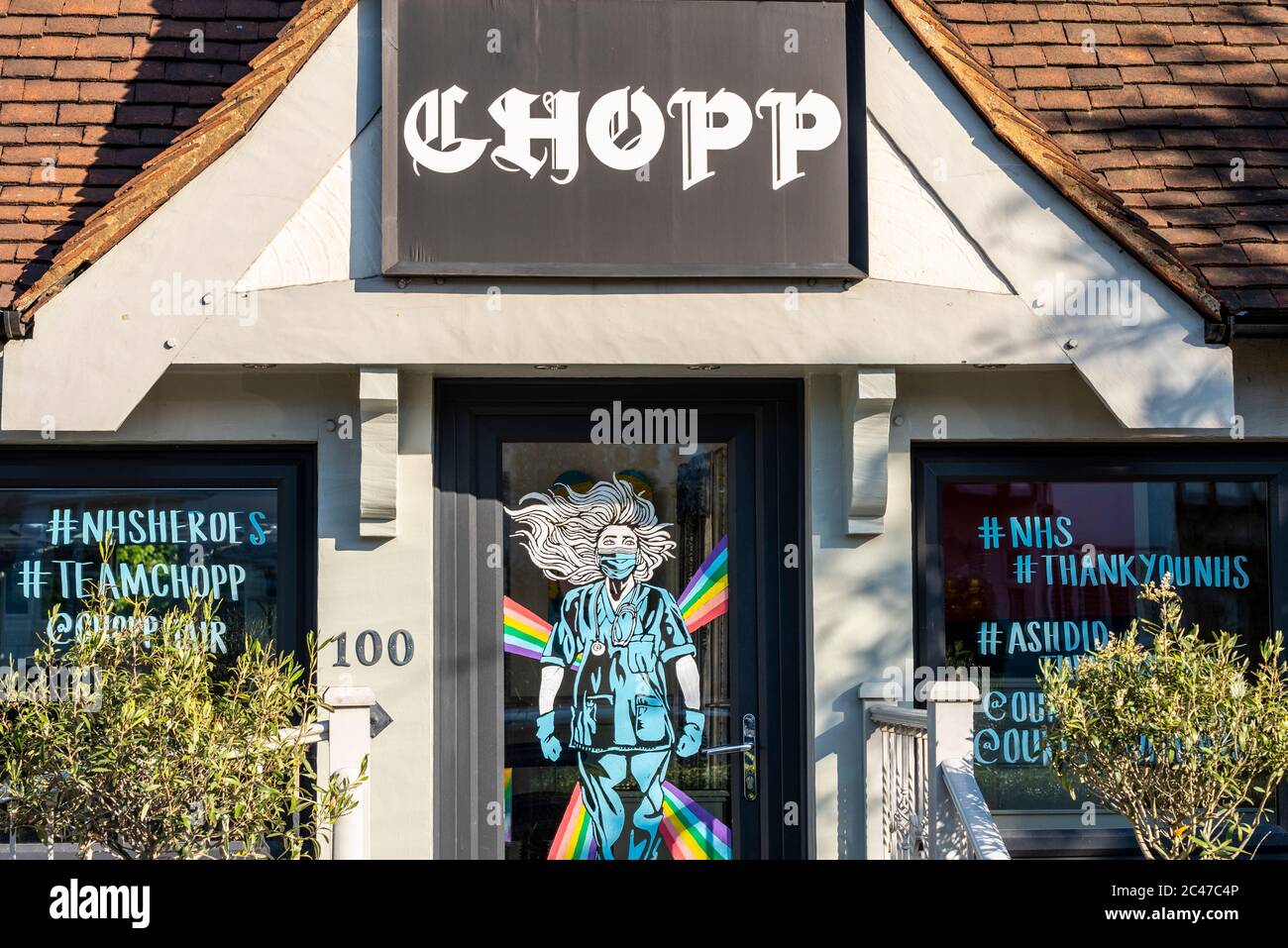 COVID19 Hairdresser window display in Westcliff on Sea, Southend on