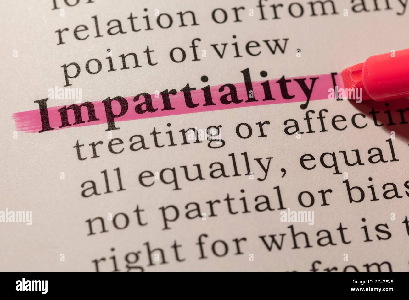 Fake Dictionary, Dictionary definition of word impartiality. Stock Photo