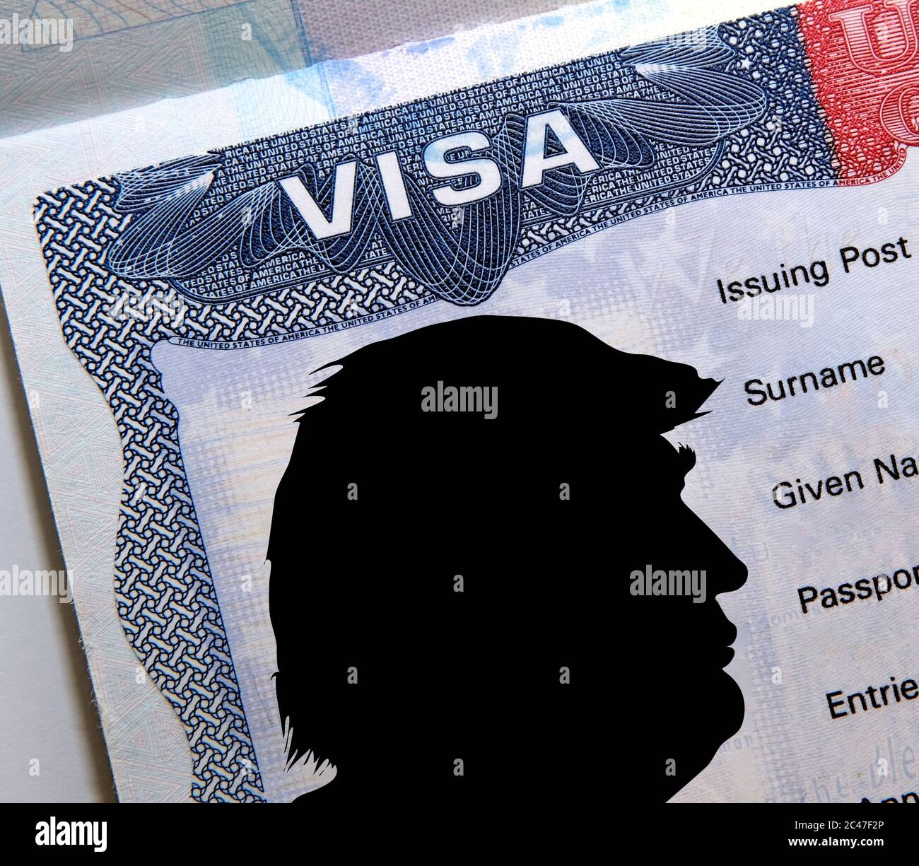 Silhouette of Donald Trump on top of US visa sticker in passport. Concept for Donald Trump and HB1 visa suspension. Digital montage. Alamy exclusive. Stock Photo