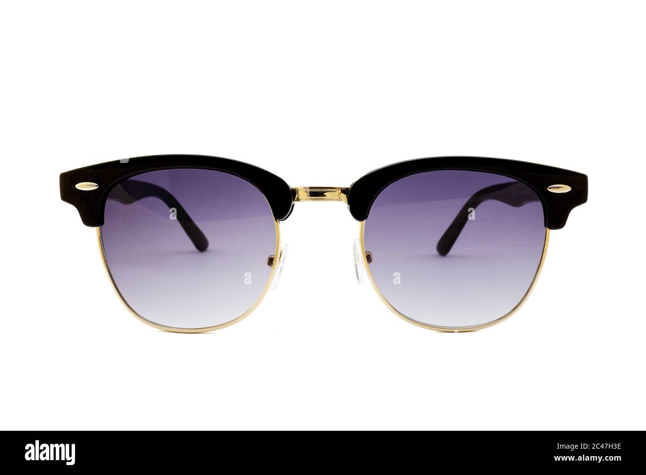 Black Thick Frames Flat Top Clubmaster Sunglasses With Round Bottom Golden  Frames And Clear Dark Blue Lenses Isolated On White Rear View Stock Photo  Alamy 